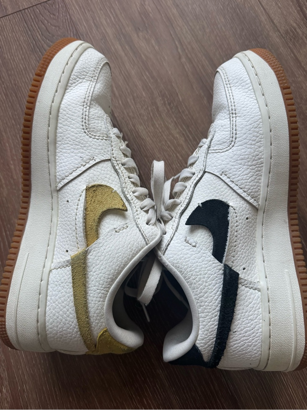 Nike White Air Force One Sneakers with Gold & Black Swooshes women’s 8.5